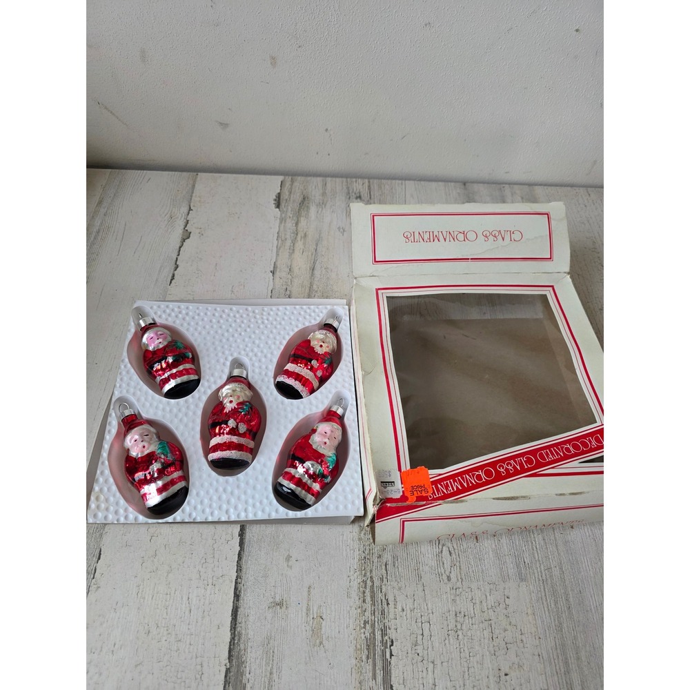 Vintage Bradford novelty Santa Mica glass ornament glitter Xmas tree red set